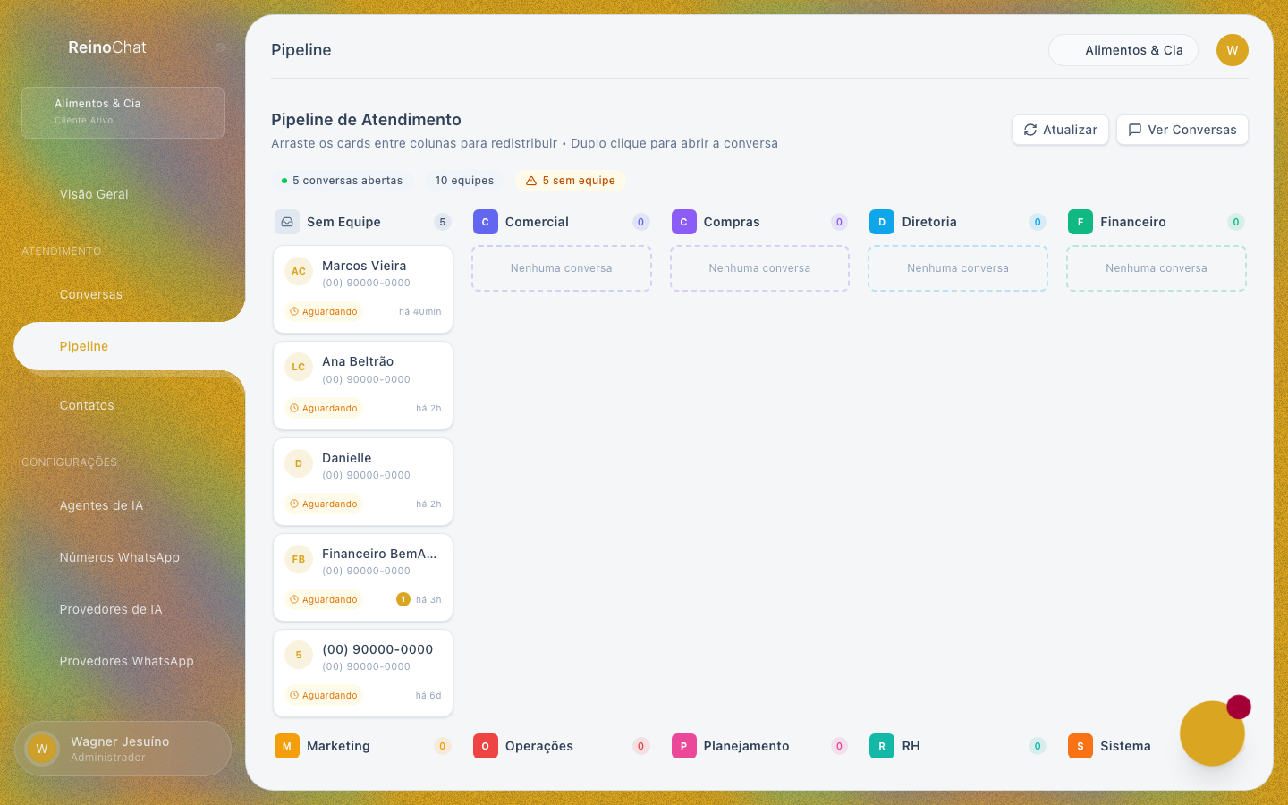 Tela real do pipeline de atendimento do Chat Reino: conversas organizadas por setor, com equipes e status